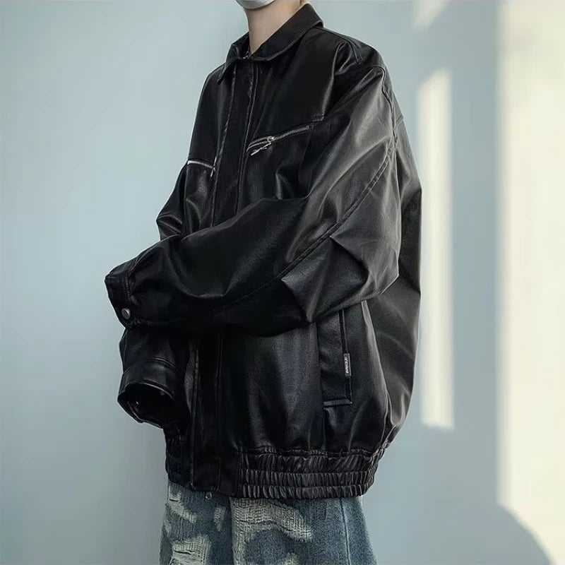retro motorcycle pu leather jacket mens high street punk zipper decoration loose coats unisex hip hop fashion outwear spring urban fashion pants