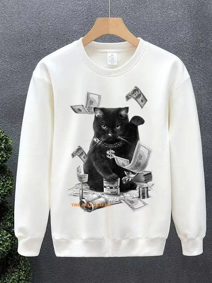 Cartoon Money Cat Graphic Printed Crewneck Sweatshirts Hombre Hip Hop Fashion Pullover Hoodies Y2K Streetwear Oversized Clothes Street King Limited