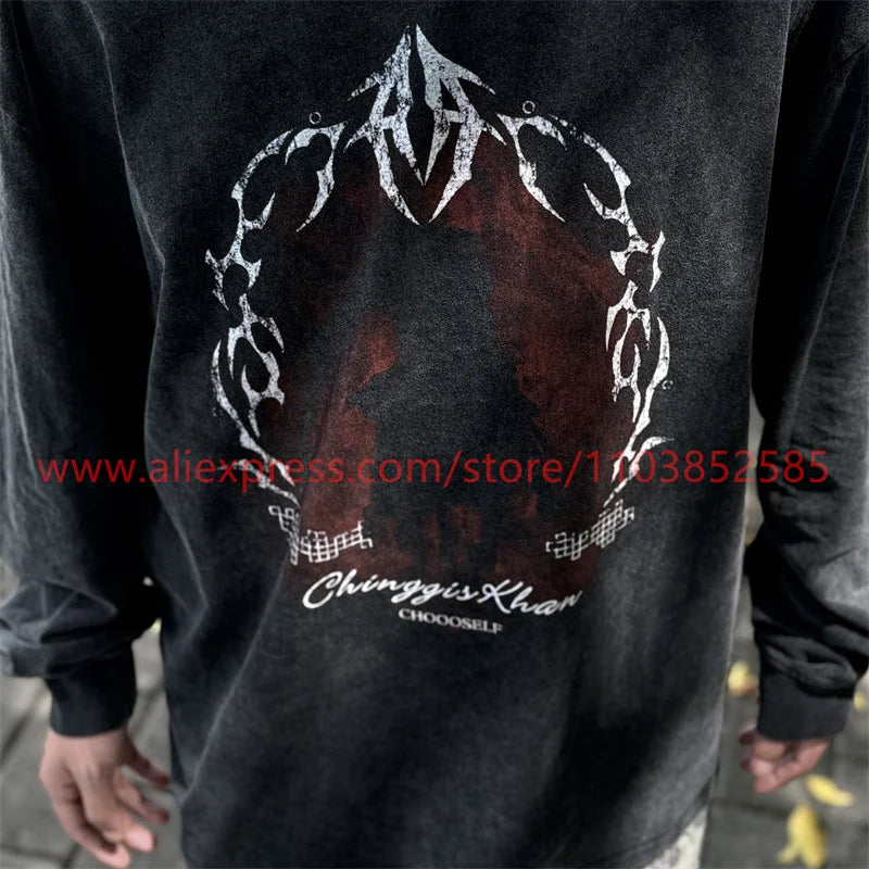 Autumn Vintage Long Sleeve T-shirt Heavy American West Coast Street Graffiti Hip Hop Style High Street Oversize Printed Washed Street King Limited