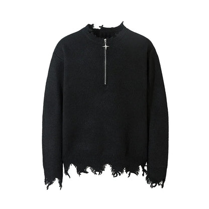 American High Street Mens Sweater 2024 New Autumn Half Zipper Fashion Knitted Tops Damaged Hip-hop Irregular Hem Pullover Street King Limited