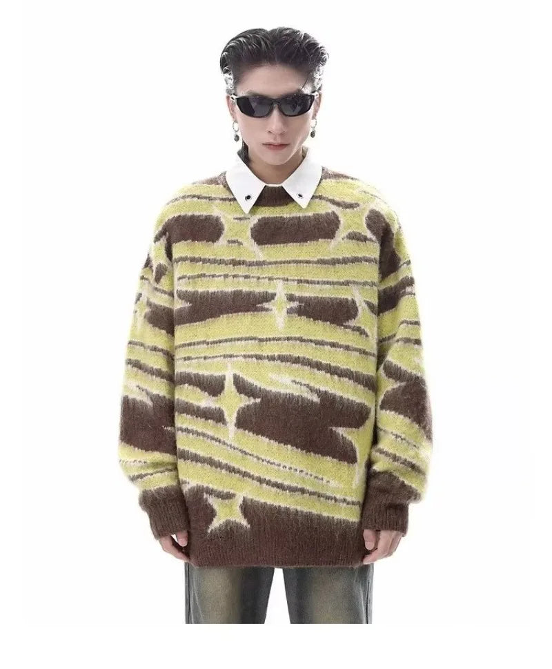 japanese hip hop sweater set men contrast zebra pattern round neck knit top splicing distressed loose jeans 2 pcs harajuku suit unique jeans style 3955