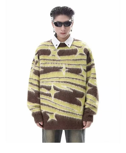 japanese hip hop sweater set men contrast zebra pattern round neck knit top splicing distressed loose jeans 2 pcs harajuku suit unique jeans style 3955