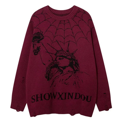 Hip Hop Knitted Sweater Mens Winter O-neck Harajuku Pattern Pullover Streetwear Casual Loose Pullover Sweaters Jumper Knitwear Street King Limited