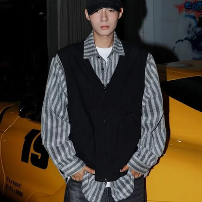 striped mens shirt jacket 2024 spring japanese street color blocked fake two coats vest tooling trend zipper long sleeved tops unique default style 2392