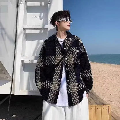 high street lattice mens jackets woven fabric single breasted loose harajuku shirt coats letter embroidered casual male tops unique default style 1828