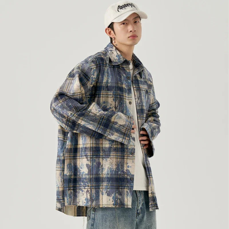 Streetwear Autumn Mens Ink Tie Dye Plaid Long Sleeve Shirt Korean Fashion Vintage Autumn Mens Ink Tie Dye Plaid Long Sleeve Shirt Korean Fashion Vintage Button T Shirts Y2K Streetwear Social Shirt Jackets Fashion Sweater Jacket With Graphic Design For Men