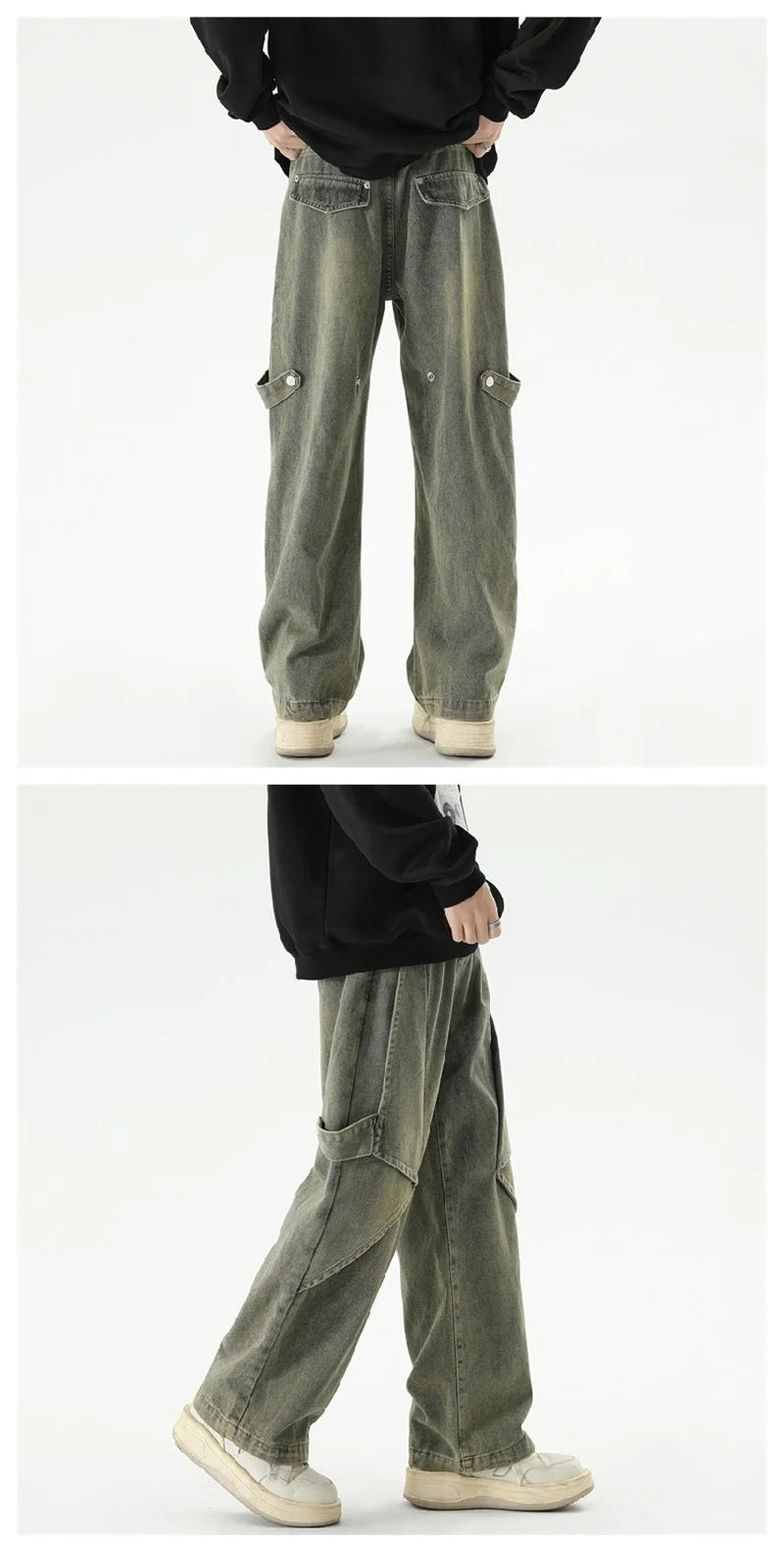 2024 new hip hop wide leg jeans for men washed distressed baggy denim trousers high street deconstruction cargo jean y2k pants unique cargo style 444