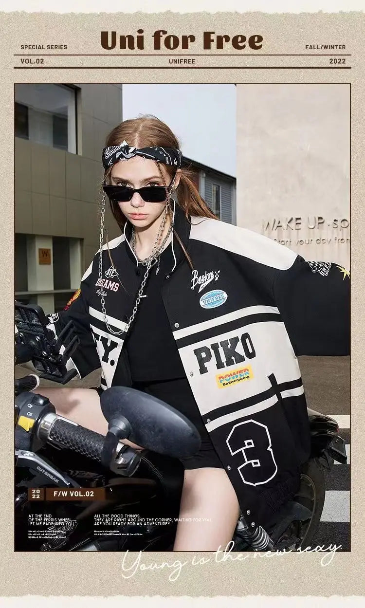 Spring and Autumn American letter printed motorcycle baseball jacket street style racing couple style goth  denim jacket women Street King Limited