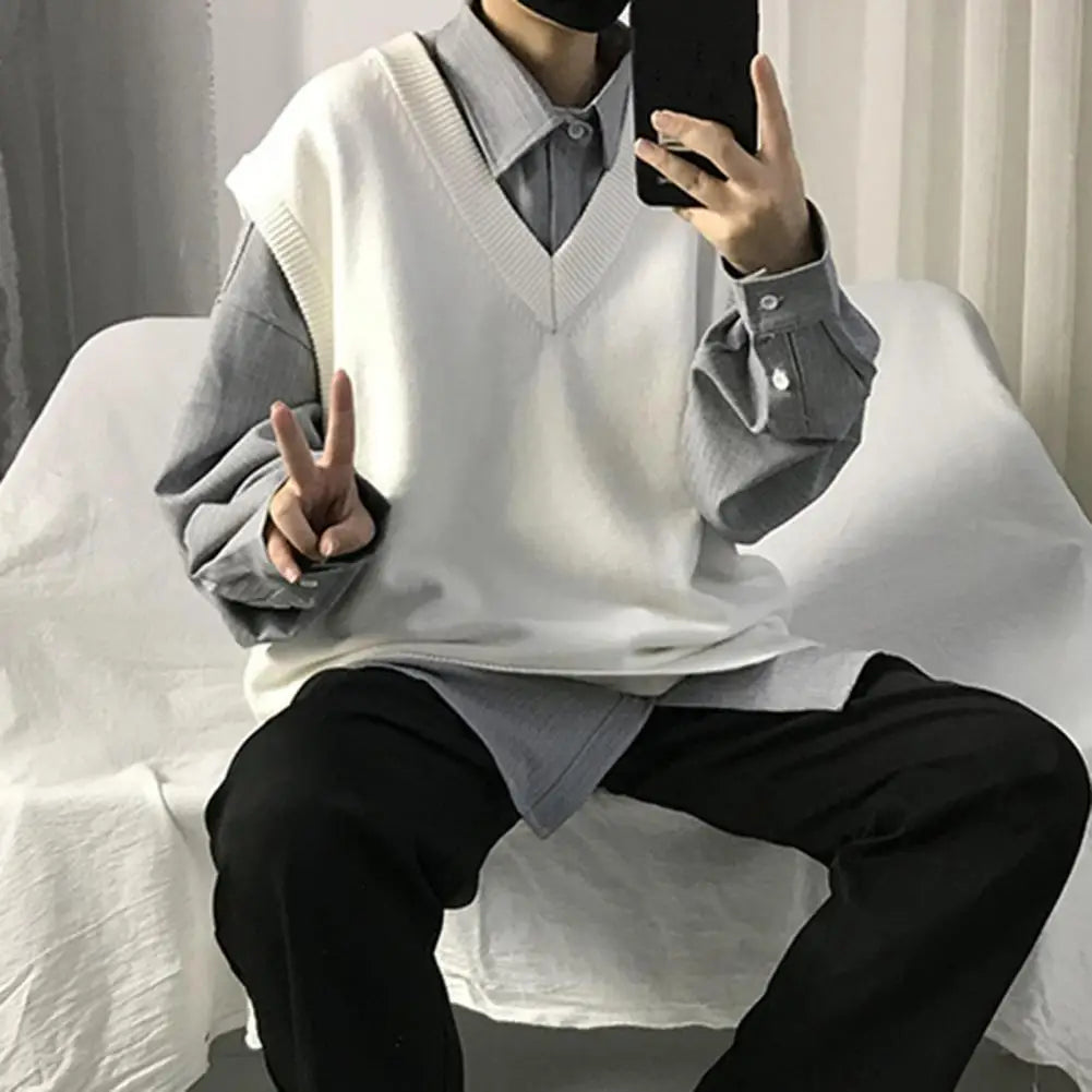 Men Sweater Vest V Neck Solid Color Sleeveless All Match Spring Sweater for School Male Pullovers Men's Clothing Streetwear Street King Limited