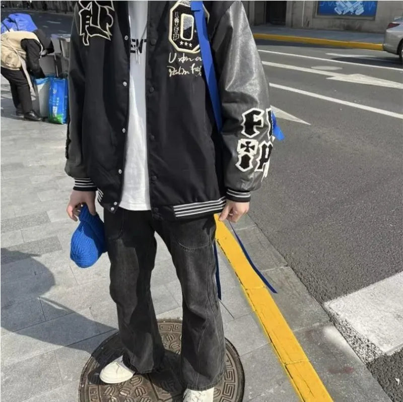 american retro mens baseball uniform street harajuku patchwork leather loose jackets color block towel embroidery trend coats unique default style 2915