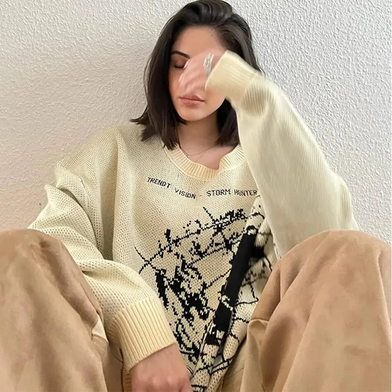 Y2K Knit Big Sweater Sweater Men's Women's Warm Loose  Aesthetic Retro Trend Knit Sweater Gothic Pullover Harajuku Cotton Street King Limited