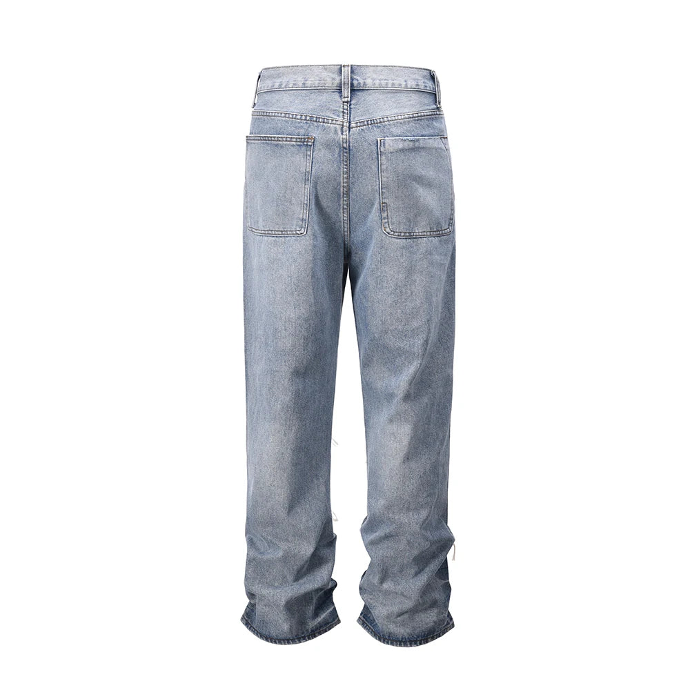 string lace up frayed washed pantalones hombre baggy blue jeans for men y2k streetwear washed casual denim trousers oversized ripped baggy denim