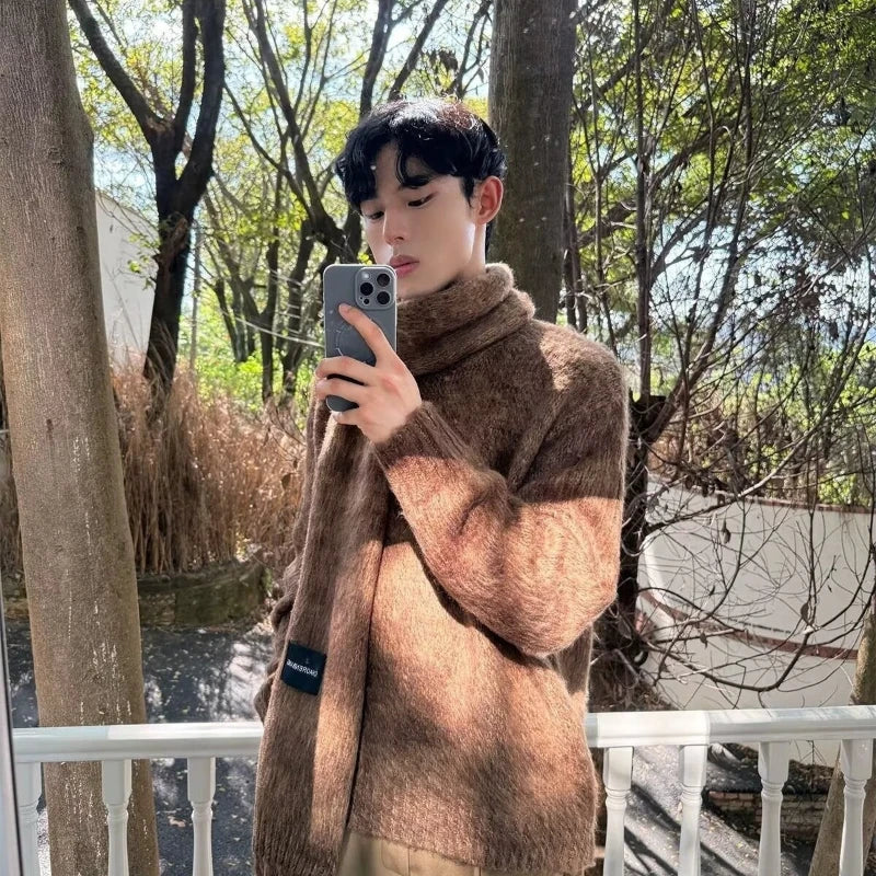 Autumn Warm Sweater Mens Korean Street Simplicity Round Neck Pullover+Solid Color Scarf Two-piece Set Casual Knitted Tops Trend Street King Limited