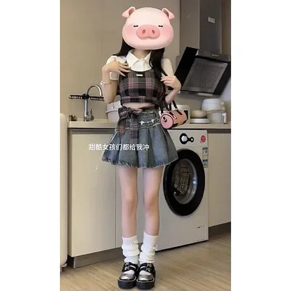 Summer gentle outfit 2023 new Korean version short sleeved shirt plaid suspender denim short skirt womens two peice skirt sets Street King Limited