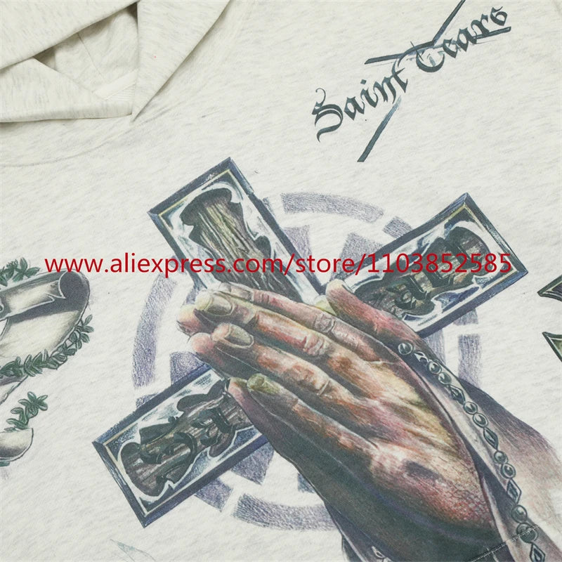 2024s Vintage Hoodie Sweatshirt Autumn/Winter High Street High Quality Cartoon Cross White Pigeon Print Oversize Tops Casual Street King Limited