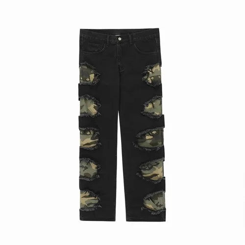 side destroyed ripped holes denim jeans pants mens casual patchwork camouflage loose straight joggers hip hop streetwear jeans unique joggers style 3061