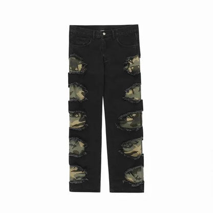 side destroyed ripped holes denim jeans pants mens casual patchwork camouflage loose straight joggers hip hop streetwear jeans unique joggers style 3061