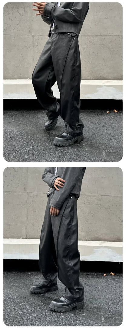 men streetwear fashion hip hop loose casual wide leg leather baggy motorcycle pant cityboy cargo pants trousers unique cargo style 2463