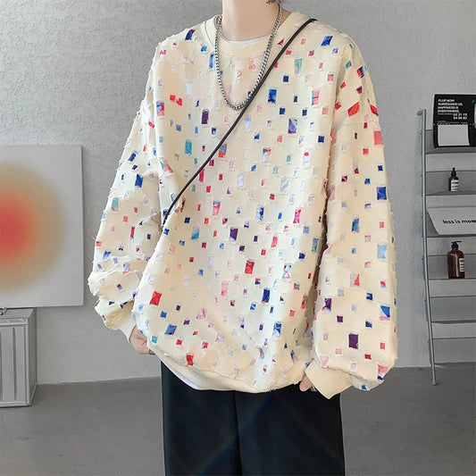 Cotton Hollow Hoodie Men Oversized Plaid Sweatshirt Men Streetwear Hip Hop Loose Pullover Hoodie Mens Round Neck Hoody M-3XL Street King Limited