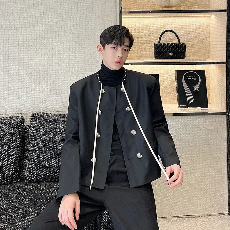 men double breasted drawstring collar loose casual fashion short jacket male korean streetwear vintage coat man summer street shorts