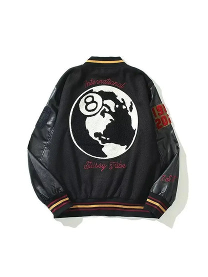 american retro high street embroidered jacket splicing print black eight baseball jacket 2024street wear baseball uniform jacket unique default style 5268