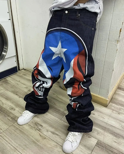 y2k harajuku high street fashion brand fashion washed jeans street hip hop high waist animation printed oversized wide leg pants unique jeans style 3210
