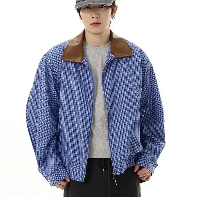 2024 autumn high street plaid jackets for men casual y2k vintage streetwear zipper coats hip hop fashion motorcycle jacket menswear bottoms
