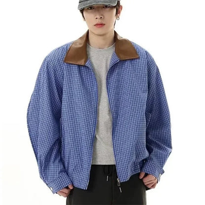 2024 autumn high street plaid jackets for men casual y2k vintage streetwear zipper coats hip hop fashion motorcycle jacket menswear bottoms