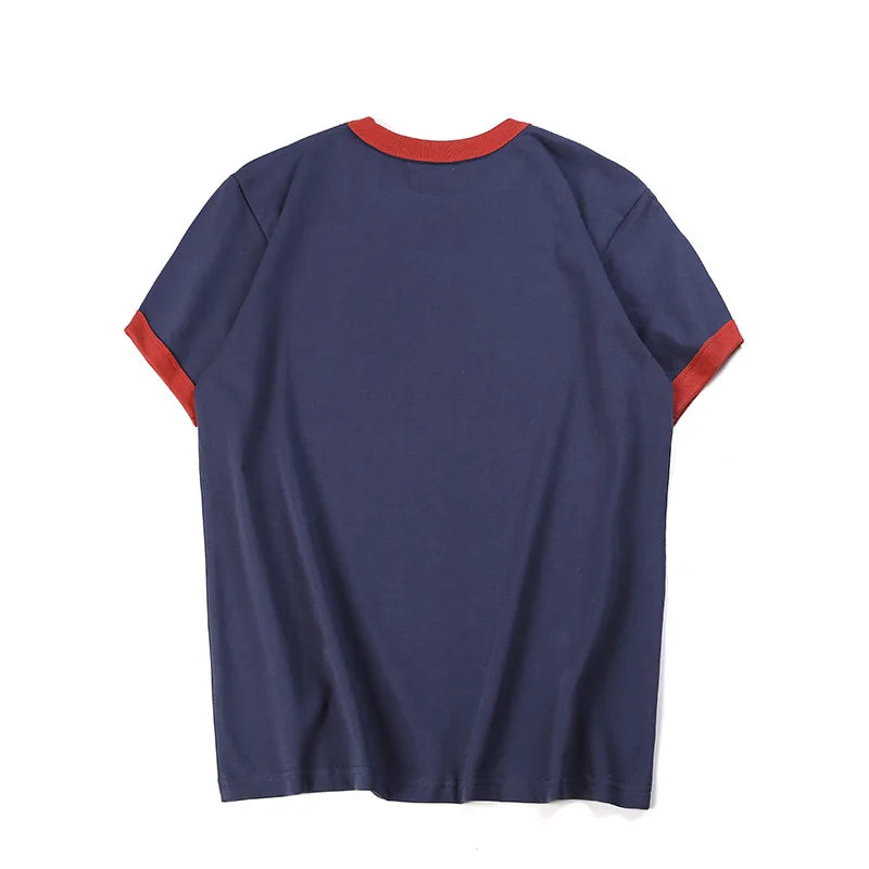 Summer Men'S Short Sleeved New Cotton Letter Printing Locomotive Element Thread Color Matching Round Neck Casual T-Shirt Street King Limited