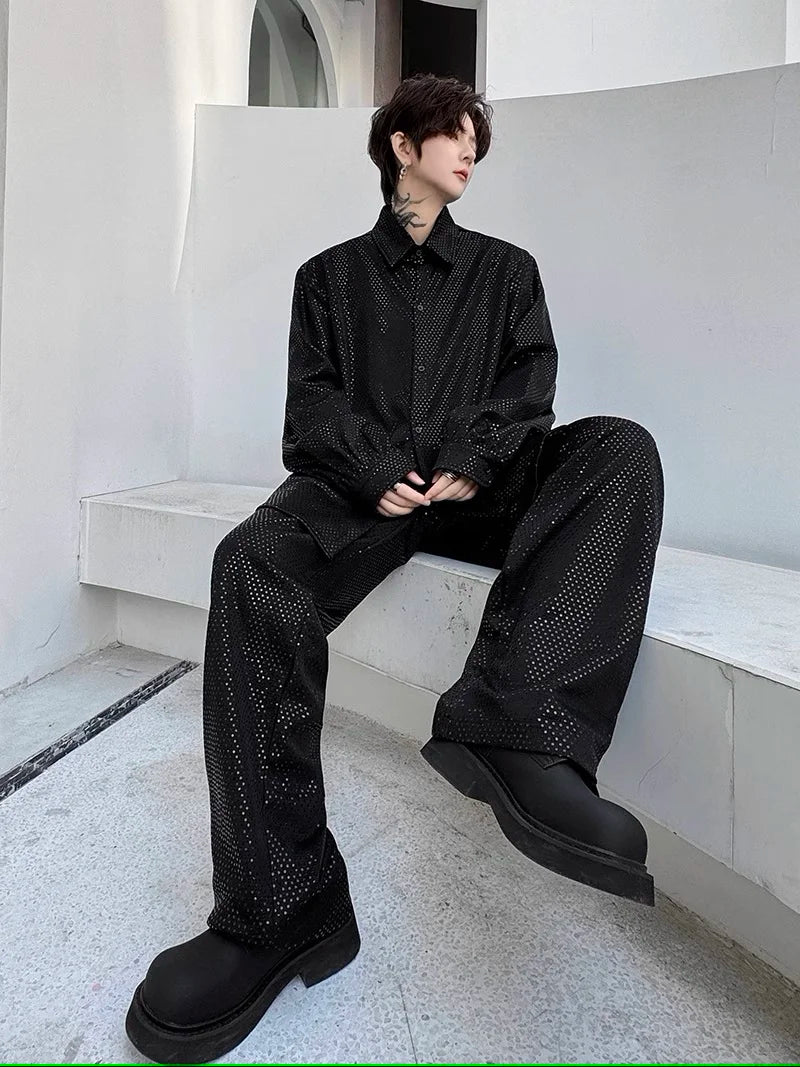 mens sequin 2 piece sets loose casual long sleeve shirt pant stage fashion party show clothing dress shirts trousers costumes unique default style 2767
