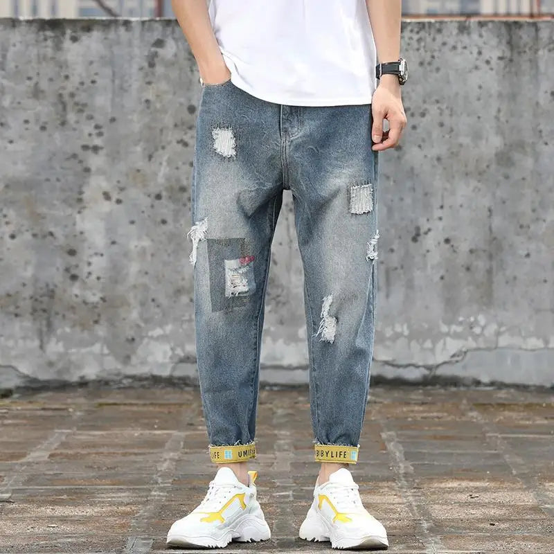 Men's Jeans with Holes Man Cowboy Pants Cropped Harem Hip Hop Trousers 2024 Korean Style Torn Ripped Broken Retro Classic pants Street King Limited