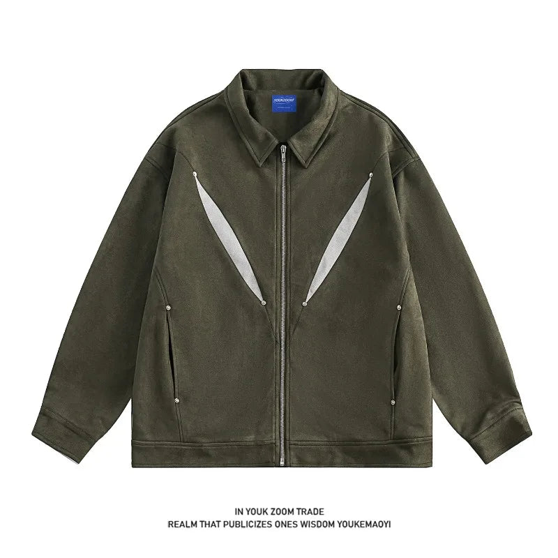 army green faux suede heavyweight jackets american street vintage outdoor jacket zipper lapel casual coats for men relaxed fit trousers