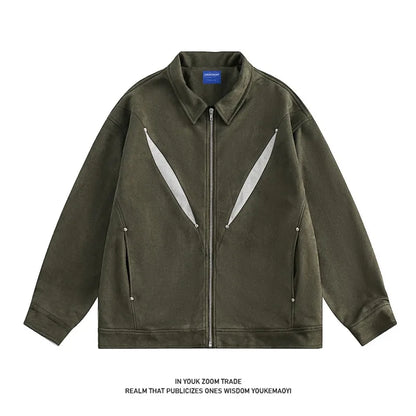 army green faux suede heavyweight jackets american street vintage outdoor jacket zipper lapel casual coats for men relaxed fit trousers
