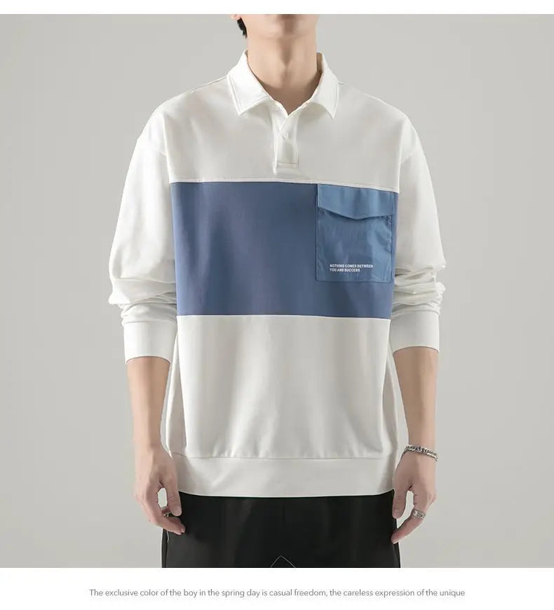 New polo shirt men's contrast color lapel spliced long sleeve t-shirt japanese large size loose sweatshirt bottoming shirt tops Street King Limited