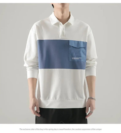 New polo shirt men's contrast color lapel spliced long sleeve t-shirt japanese large size loose sweatshirt bottoming shirt tops Street King Limited
