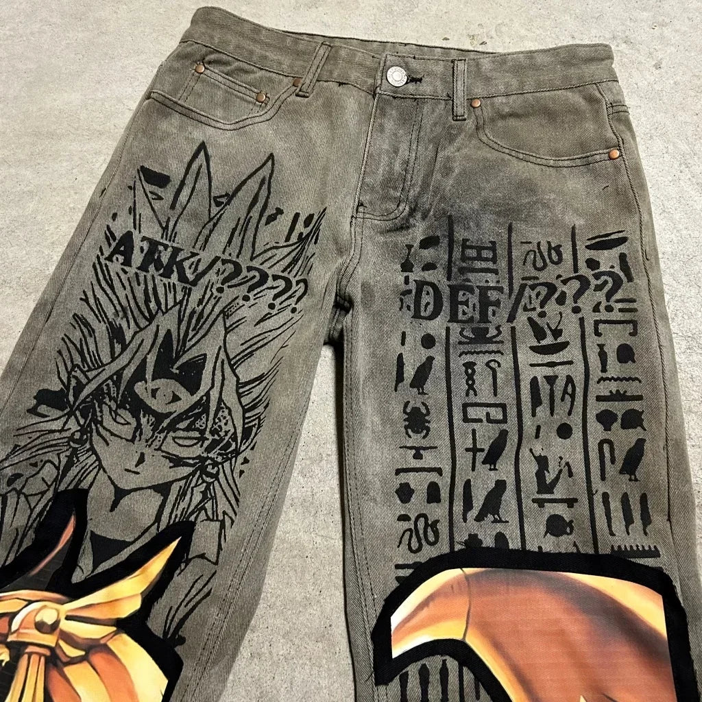 harajuku high street y2k baggy jeans punk popular print wide leg denim pants jeans streetwear trouser men clothing unique jeans style 1960