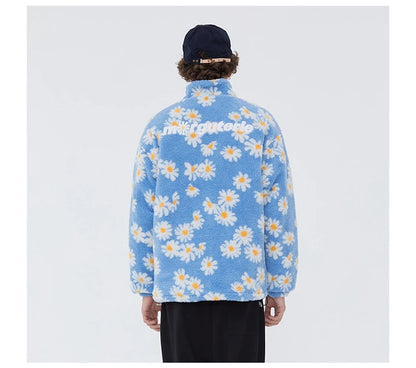 rainbowtouches cotton padded thick parkas jackets streetwear hip hop daisy print fleece warm full zip coats harajuku outwear unique default style 4411