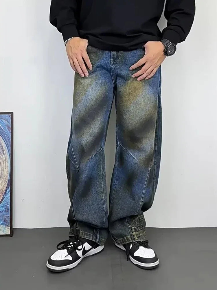 autumn hip hop graffiti painted baggy jeans mens y2l streetwear wide leg denim pants punk fashion distressed gradient jean unique jeans style 285
