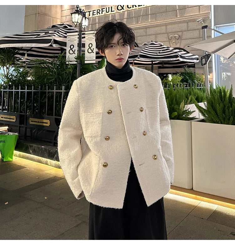 men french fashion retro double breasted woolen loose casual short jacket man autumn winter korean streetwear thicken coat top unique shorts style 1426