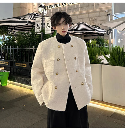 men french fashion retro double breasted woolen loose casual short jacket man autumn winter korean streetwear thicken coat top unique shorts style 1426