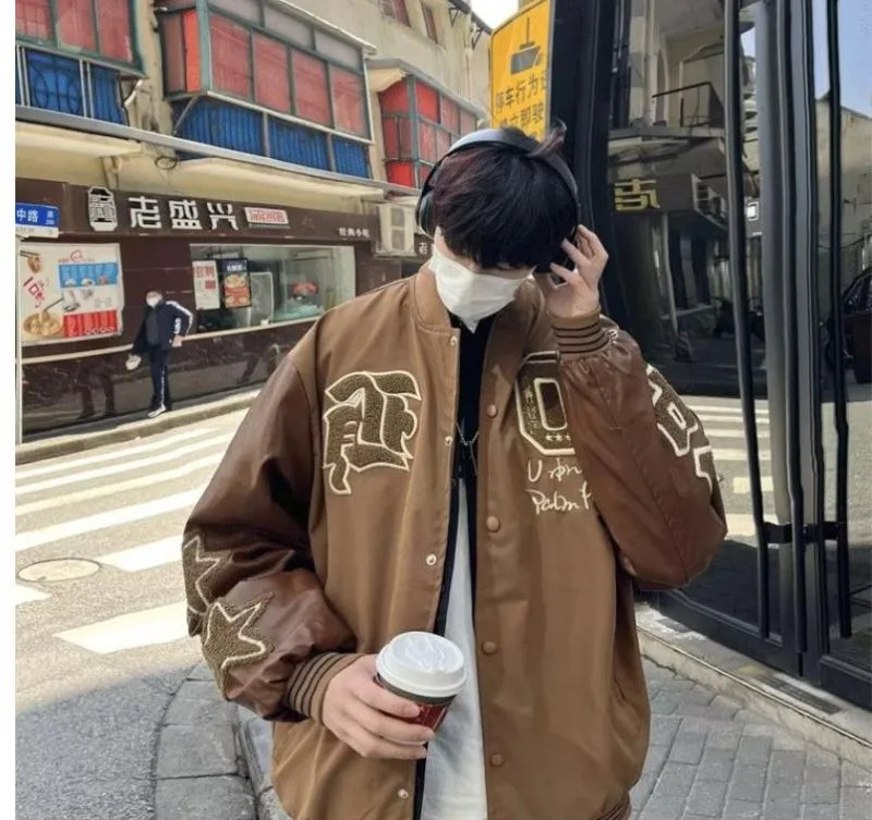 american retro mens baseball uniform street harajuku patchwork leather loose jackets color block towel embroidery trend coats unique default style 2930