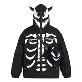 Men Hooded Parka Winter Monster Pattern Devil Horns Puffer Jacket Full Zip Up Thick Warm Outwear with Bags Design Streetwear Street King Limited