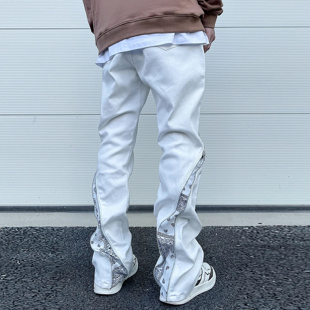 Curve Zipper Cashew Print Patchwork Jeans for Men Straight Black White Y2K Streetwear Casual Baggy Denim Trousers Oversized Street King Limited