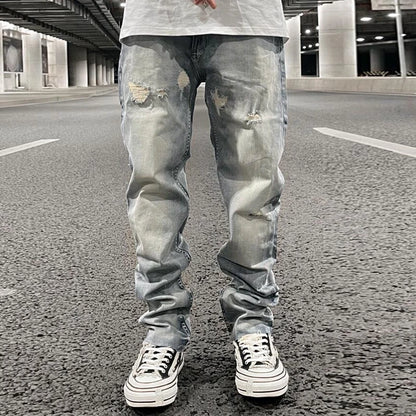 ripped hole distressed black blue washed mens jeans straight casual baggy pockets pencil pants streetwear loose denim trousers unique jeans style 1870