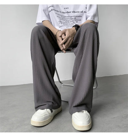 summer texture straight pants for men korean fashion baggy wide leg trousers casual drape pleated striped y2k pantalones hombre unique default style 483