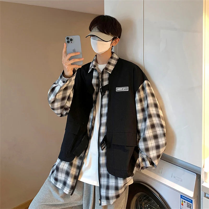 Streetwear New Fake Two Piece Zip Plaid Cargo Shirts Mens Japanese Streetwear Fas 2024 New Fake Two Piece Zip Plaid Cargo Shirts Mens Japanese Streetwear Fashion Social Shirt Autumn Long Sleeve Baggy Y2K Shirt Fashion Sweater Jacket With Graphic Design For Men