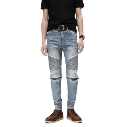 knee zipper patchwork pleated skinny denim jeans men casual slim biker trousers jeans fashion streetwear hip hop pants joggers unique joggers style 120