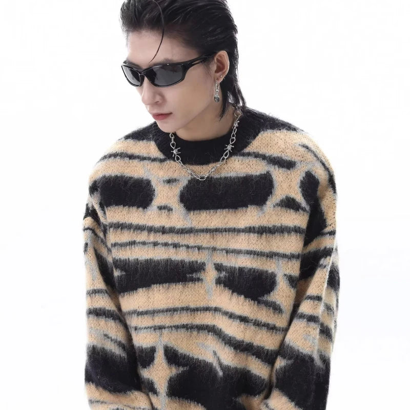 japanese hip hop sweater set men contrast zebra pattern round neck knit top splicing distressed loose jeans 2 pcs harajuku suit vintage washed jeans