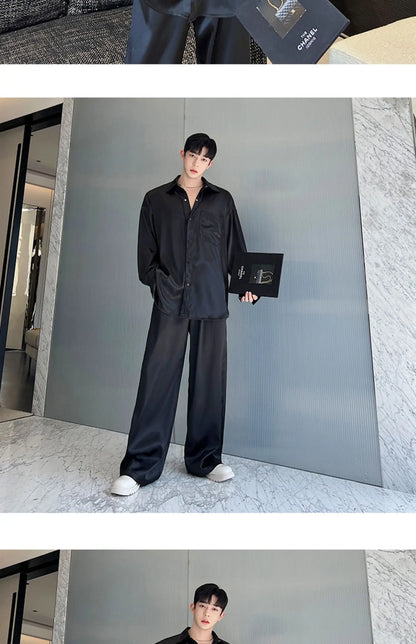 men silk style streetwear fashion loose casual long sleeve shirts pants 2 pieces sets male vintage suits blouses trousers unique default style 2740