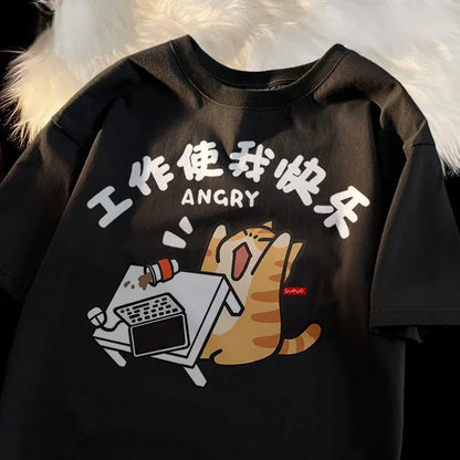 Trendy Street Trend Cat Print Men and Women Vintage Personalized Graphic T-shirt Academy Style Loose Round Neck Short Sleeve Street King Limited